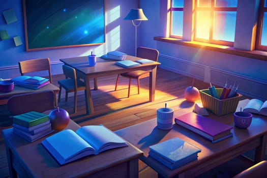 An empty classroom bathed in the warm glow of the setting sun. Desks are arranged neatly, books lie open, and a single lamp casts a soft light. The room is peaceful and inviting, ready for students to return.