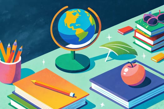 A desk filled with books, pencils, and a globe suggests a setting for learning, while a beach umbrella and sunglasses hinting at relaxation and summer. An apple sits atop one of the books, symbolizing knowledge and reward. The scene evokes a sense of exploration and adventure in the pursuit of education.