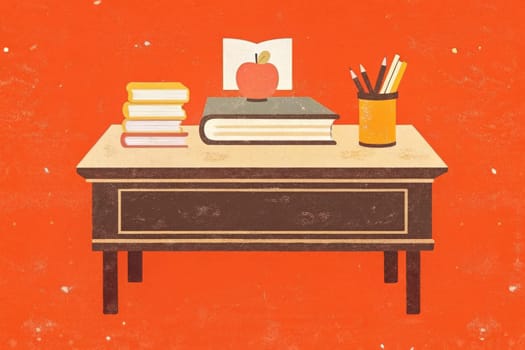 A desk filled with books, pencils, and a globe suggests a setting for learning, while a beach umbrella and sunglasses hinting at relaxation and summer. An apple sits atop one of the books, symbolizing knowledge and reward. The scene evokes a sense of exploration and adventure in the pursuit of education.