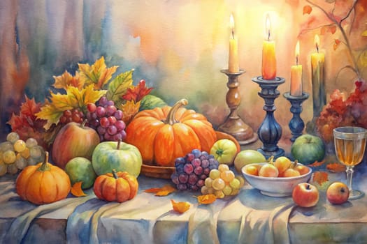 A watercolor painting depicts an arrangement of autumnal fruits and vegetables on a table draped in a beige tablecloth. The centerpiece is a large, ripe pumpkin, flanked by two smaller pumpkins and a cluster of grapes. A bowl overflowing with apples, tomatoes, and other small fruits sits in the background, while a glass of water and a bottle of wine add a touch of elegance. The composition is accented by vibrant fall leaves and a soft, golden light.
