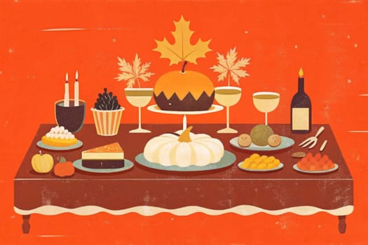 A beautifully arranged table setting for a special occasion, featuring a variety of delicious treats and drinks, all adorned with autumnal decor, including maple leaves and pumpkins.
