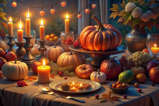 A table is set for a celebratory feast, adorned with pumpkins, candles, and other seasonal decorations. The warm glow of candlelight casts a magical atmosphere over the scene, creating a sense of warmth and togetherness.