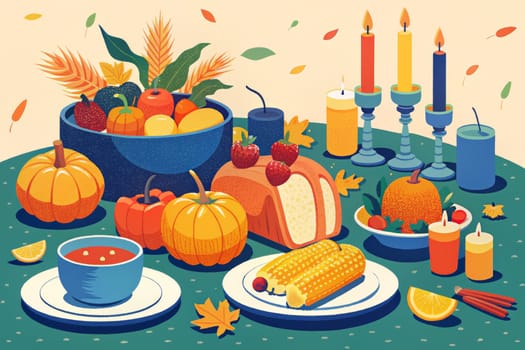 A vibrant illustration depicts a bountiful autumnal feast with colorful fruits, vegetables, and baked goods. The table is set with a blue tablecloth adorned with autumn leaves and a centerpiece of a bowl filled with fruit and wheat stalks. Warm candlelight illuminates the scene, creating a cozy and inviting atmosphere for a celebratory gathering.
