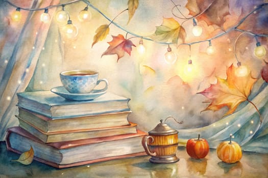 A watercolor painting depicts a still life scene with a cup of tea on a stack of books, surrounded by the warmth of autumn leaves, a rustic teapot, apples, and a string of fairy lights. The soft glow of the lights creates a cozy and inviting atmosphere, perfect for enjoying a quiet evening.