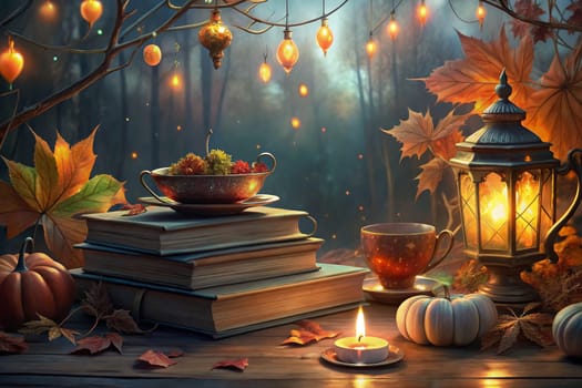 A cozy scene with a teapot resting on a stack of books. A candle flickers in a glass holder, casting a warm glow on a wooden table surrounded by fall leaves and pumpkins. The scene is set against a backdrop of a magical forest, illuminated by hanging lanterns and fireflies.