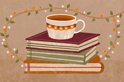 A steaming cup of coffee or tea sits atop a stack of two books, adorned with delicate leaves, against a backdrop of soft, red light. A string of lights hangs above, casting a warm glow on the scene, creating a sense of comfort and relaxation.