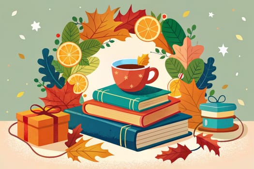 A still life illustration depicting a stack of books adorned with a steaming cup of tea and a lit candle. Fall foliage and glowing lights create a warm and inviting atmosphere, perfect for a relaxing evening spent reading.