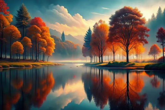 The sun rises over a tranquil forest lake, illuminating the vibrant foliage of the trees in hues of orange and yellow. The water reflects the colors of the surrounding trees, creating a breathtaking mirror image of the scene. A light mist hangs over the lake, adding an ethereal quality to the image.