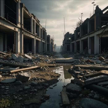 Photograph of destroyed buildings and houses due to the war. Mass destruction. Lifeless cities. Combat operations on the territory of civilians. Concrete, stones and glass shards.