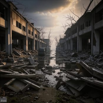 Photograph of destroyed buildings and houses due to the war. Mass destruction. Lifeless cities. Combat operations on the territory of civilians. Concrete, stones and glass shards.