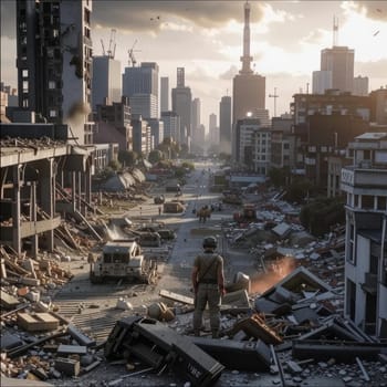 Photograph of destroyed buildings and houses due to the war. Mass destruction. Lifeless cities. Combat operations on the territory of civilians. Concrete, stones and glass shards.