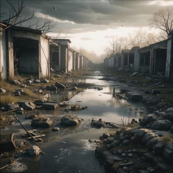 Photograph of destroyed buildings and houses due to the war. Mass destruction. Lifeless cities. Combat operations on the territory of civilians. Concrete, stones and glass shards.