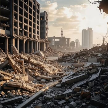 Photograph of destroyed buildings and houses due to the war. Mass destruction. Lifeless cities. Combat operations on the territory of civilians. Concrete, stones and glass shards.