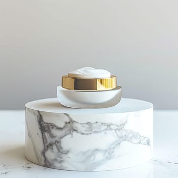 Face cream in a glass jar on a white and gold background. Skin care concept. Backdrop for beauty cosmetic products