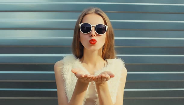 Portrait of modern stylish young woman blowing a kiss in white fur vest, glasses, fashionable female model posing on gray silver wall background