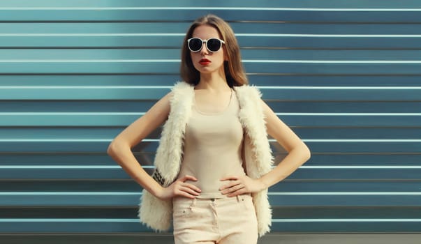 Portrait of modern stylish young woman in white fur vest, glasses, fashionable female model posing on gray silver wall background