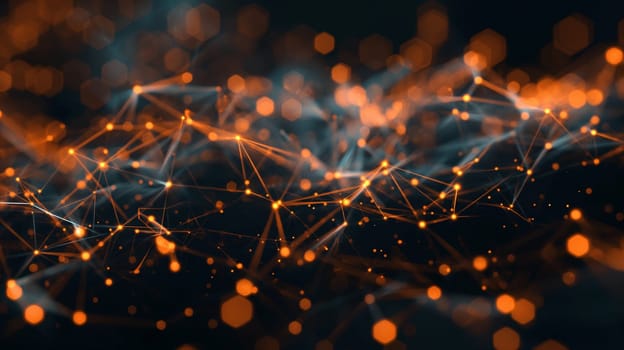 A close-up view of a network visualization with bright, interconnected lines and nodes, representing digital connectivity or data structure - Generative AI