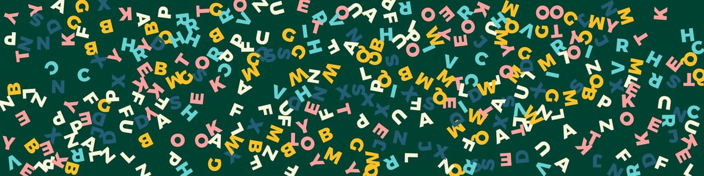 Flying latin letters. Colorful childish scattered charachters of English alphabet. Foreign languages study concept. Back to school banner .