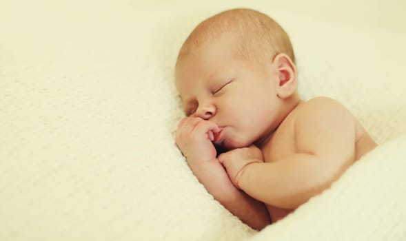 Close up portrait of sweet baby, infant sleeping lying on white bed at home