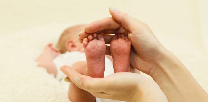 Mother holding in her hands baby feet close up lying on the bed at home