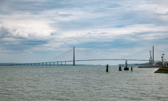 Pont de Normandie, cable-stayed bridge, bridge of Normandy, spanning the Seine estuary, connecting Le Havre with Honfleur, 856 m span, France