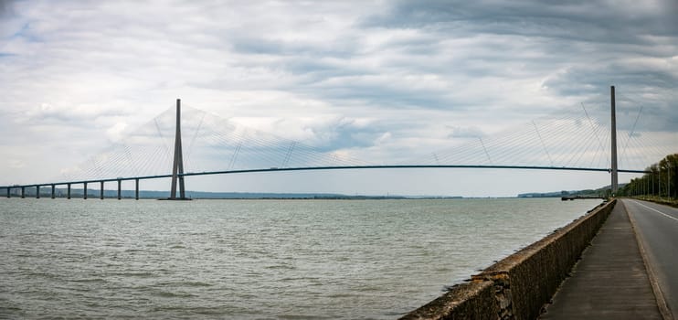 Pont de Normandie, cable-stayed bridge, bridge of Normandy, spanning the Seine estuary, connecting Le Havre with Honfleur, 856 m span, France