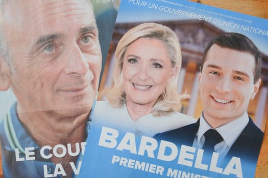 VERSAILLES, FRANCE - JUNE 28, 2024 : The leaflets with candidates for elections legislative