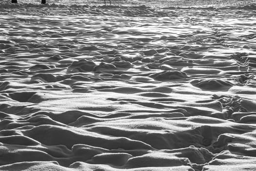Black and white photo of a snow surface in sunny weather.