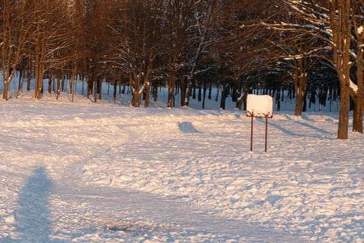 An information board covered with snow, a shadow of a person in the snow, in a winter forest in sunny weather.