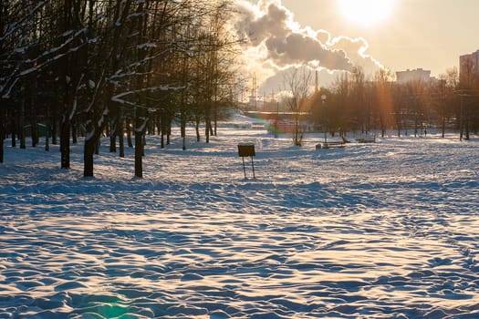 Photo of a city park in the snow, smoking chimneys in the distance against the background of a sunny sky.