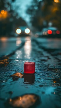 A single red cube rests on a wet urban street, reflecting the twilight ambiance, with bokeh lights from vehicles in the background