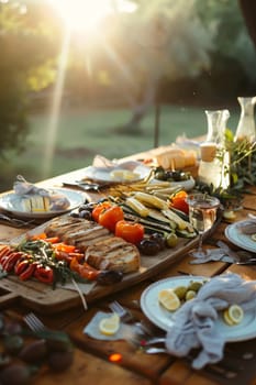 Sumptuous outdoor dining spread with grilled veggies and refreshments on a rustic table at sunset