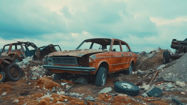Weathered, rusty car abandoned in a junkyard, vestiges of its vibrant past peeling away