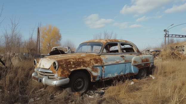 An old, rusted car sits abandoned in a desolate landscape, remnants of a bygone era