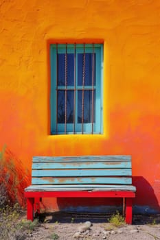 Brightly colored wall of a house with a contrasting blue window and red bench under a tree's shade