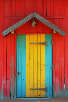 Vivid red barn wooden texture with a brightly painted turquoise and yellow door and rustic metal hardware