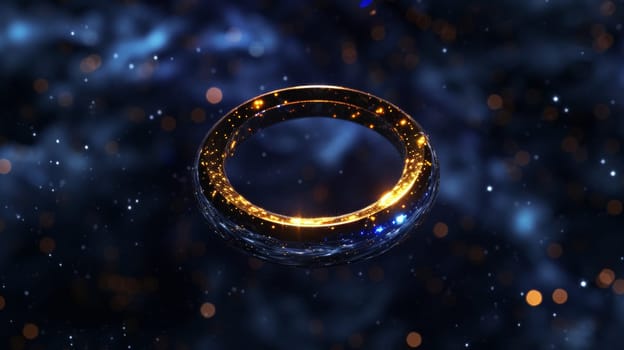 Gold ring studded with diamonds, shining on a dark fabric with a starry effect, evoking an enchanting night
