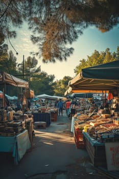 Vibrant outdoor market bustling with activity under the shade of trees and tents, offering a variety of goods