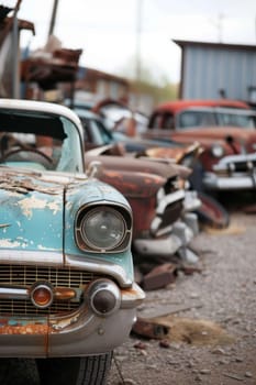Close-up of the front end of a deteriorating classic car with faded paint, in a forgotten corner of a junkyard