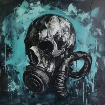 Abstract expressionist painting of a skull wearing a gas mask on a splashy turquoise background