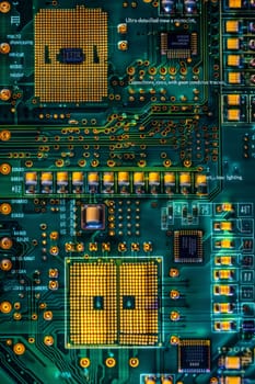 Macro photography of a circuit board with intricate connections and electronic components
