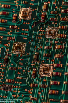 Macro photography of a circuit board with intricate connections and electronic components