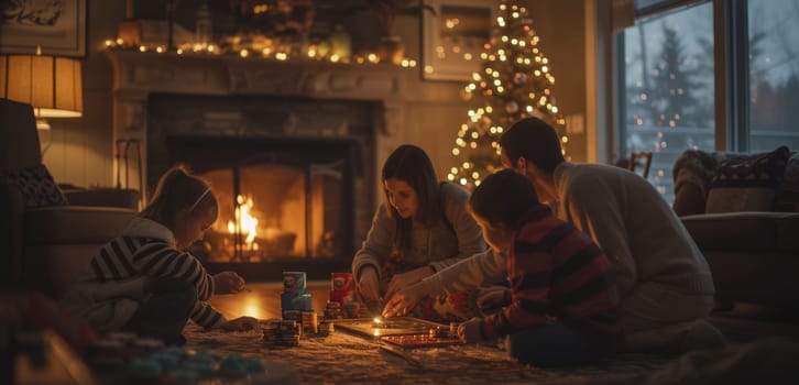 Family engaged in a board game by the fireside with a Christmas tree in the background