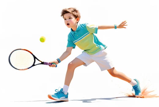 A young boy in a blue and yellow shirt plays tennis, swinging his racket as he chases a yellow ball on a sunny day - Illustration - Generative AI