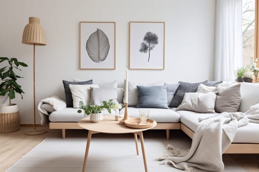 A well-appointed living room with a beige sofa accented by blue and gray pillows, complemented by botanical art on the wall and a wooden coffee table with plants - Generative AI