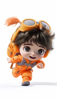 An animated child character, wearing a bright orange outfit and goggles, joyfully runs with a backpack on their back, displaying a sense of adventure and excitement - Generative AI