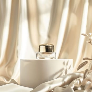 Face cream in a glass jar on a white and gold background. Skin care concept. Backdrop for beauty cosmetic products