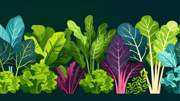 Vivid illustration showcasing an assortment of leafy green vegetables in different shapes and hues, including lettuce, kale, and spinach - Generative AI