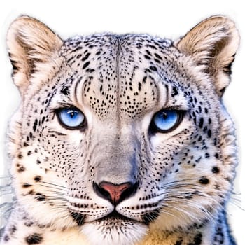 Animal isolated on transparent background. Regal snow leopard Panthera uncia thick spotted fur coat piercing blue eyes Animal photography.