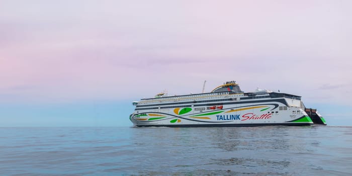 Gulf of Finland, Estonia, June 28, 2024 - Cruise ship Tallink ferry boat Shuttle My star in Baltic sea on the horizon with LNG engines sails on the Baltic Sea
